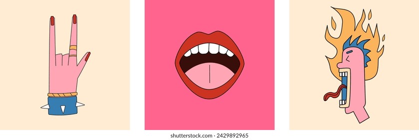 Illustration of punk rock, heavy metal music. Rock gesture, screaming rocker, lips.