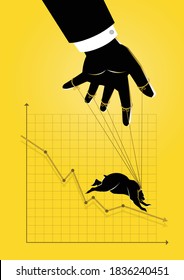 An illustration of a puppet master controlling bearish stock market graphic chart