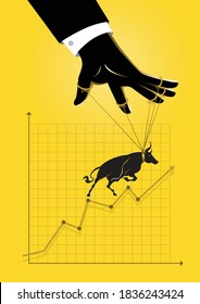 An illustration of a puppet master controlling bullish stock market graphic chart