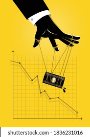 An illustration of a puppet master controlling oil graphic chart