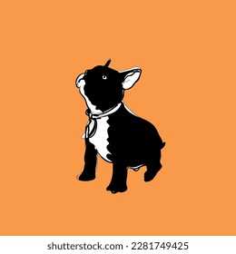 Illustration of Puppy Black and White French bulldog sitting and looking up