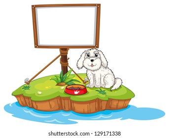 Illustration of a puppy and the empty board in an island on a white background