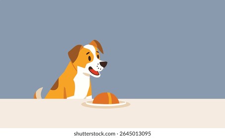 Illustration of a puppy in front of a plate of food in a minimalist style