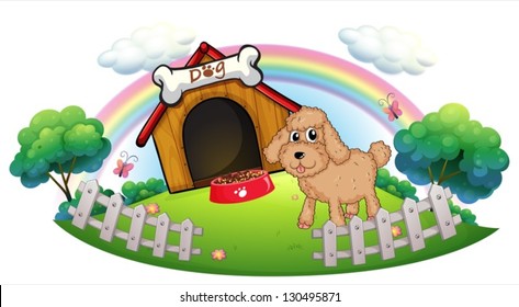 Illustration of a puppy near a wooden doghouse with bone on a white background