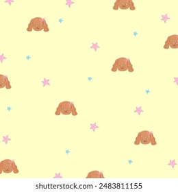 Illustration of puppy, star on a pastel yellow background for animal wallpaper, backdrop, fabric, shirt print, kid clothes, cute dog pattern, picnic blanket, duvet, pet, phone case, pyjamas, curtain