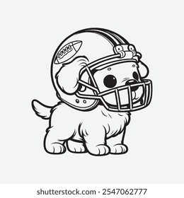 An illustration of a puppy wearing a football helmet as a simple line drawing with no shading in a coloring book style.