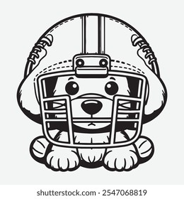 An illustration of a puppy wearing a football helmet as a simple line drawing with no shading in a coloring book style.