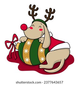 Illustration of a puppy wearing a reindeer headband and Santa Claus coat leaning on a Christmas ball, print design
