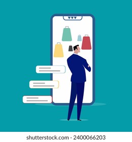 Illustration of purchase of business people shopping online, e-commerce, sales, ordering and shipping Vector for graphics and web design.