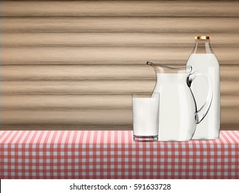 Illustration of pure organic milk in transparent glass, bottle and jug standing on a table covered by red checkered napkin with wooden background, Dairy product vector concept. 