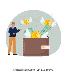 Illustration of purity in financial management with a young man standing next to the big wallet, money flying away. Arrangement of financial budget, fostering a sense of security and control.