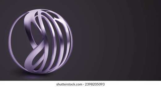 Illustration with purple abstract object made of interlaced thin plates, curved and intertwined in the shape of a sphere, with shadows on a dark background