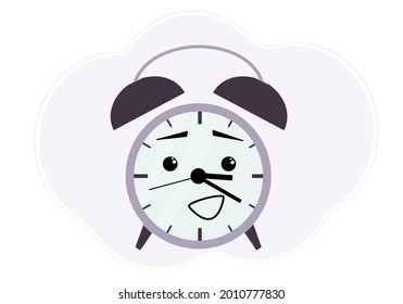 Illustration of a purple alarm clock with a surprised and cheerful emotion.