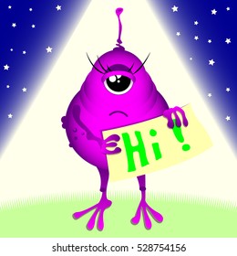 illustration of a purple alien with a sign
