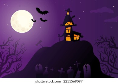 ilustración de fondo morado con murciélagos, casa y cementerio embrujados, festival de halloween, luna llena en noche oscura