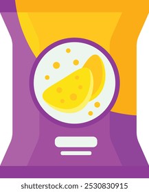 Ilustración de una bolsa púrpura de fichas con una parte superior amarilla, mostrando dos fichas de aspecto delicioso en la parte delantera. Perfecto para proyectos relacionados con snacks, comida de conveniencia o la industria alimentaria