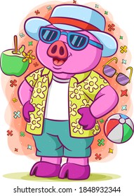 The illustration of the purple boy pig doing vacation and using the hat and sunglasses in the beach