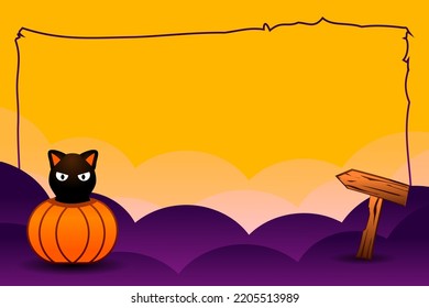 Illustration of purple clouds with light orange sky and a black cat inside a pumpkin.