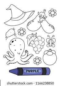 Illustration of a Purple Crayon with Purple Colored Elements in a Coloring Page