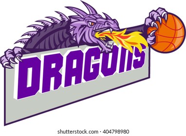 Illustration of a purple dragon head breathing fire clutching basketball ball and banner with the word "Dragons" set on isolated white background done in retro style. 