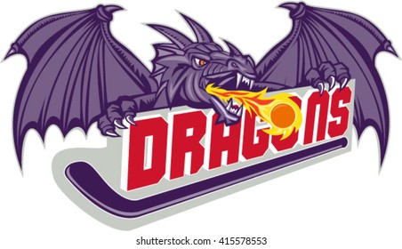 Illustration of a purple dragon head breathing fire on hockey stick and the word "Dragons" on isolated white background done in retro style. 