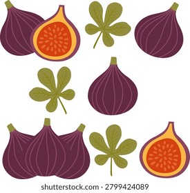 An illustration of purple figs, including whole fruits, halved pieces showing the red seedy interior, and green leaves scattered on a white background