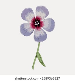 Illustration of a purple flower with a red center and green stem. Simple flower design, purple petals, red center, and green stem on a white background. Vintage botanical illustration vector.