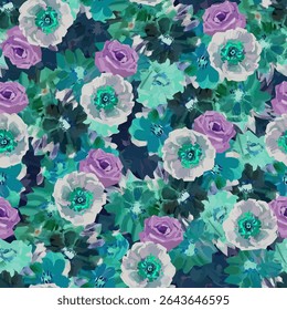 illustration of purple flowers among turkish floral background. seamless floral background