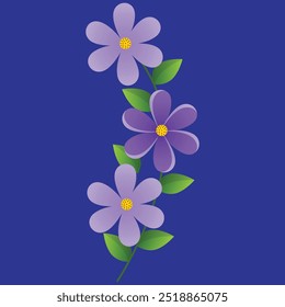 Illustration of purple flowers with green leaves blue background