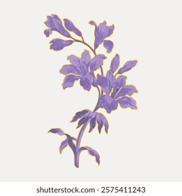 Illustration of purple flowers with green leaves. The purple flowers are detailed, with purple petals and green stems. Elegant purple flowers on a light background. Vintage illustration vector.