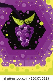 Illustration of purple grapes. The grapes are centered and surrounded by circles and hexagons, featuring a complementary color palette.