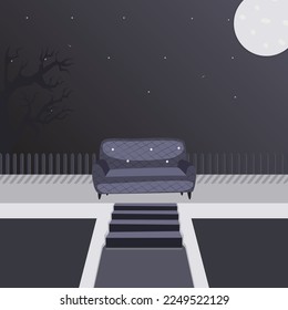 Illustration eines violett-grauen Ausblicks auf dunkle Nacht mit Sofa und Treppe, schrecklicher Nachtblick