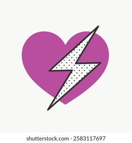 Illustration of a purple heart with a white lightning bolt. The heart and lightning bolt create a bold, graphic design. Heart and lightning symbol. Valentine's Day illustration vector.