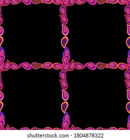 Illustration in purple, magenta and black colors. Seamless pattern.Hand drawn doodle frames. Vector illustration.