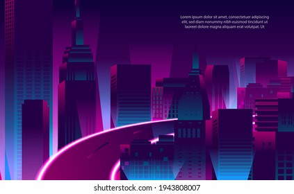 Illustration purple magenta neon color city pop skyscraper building with road for background