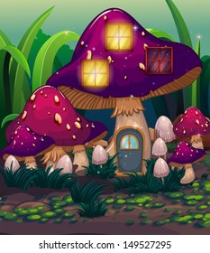 Illustration of a purple mushroom house