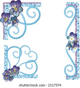 Illustration of purple pansies in a border with twisted pearls and glitter. The illustration is layered and easy to edit.