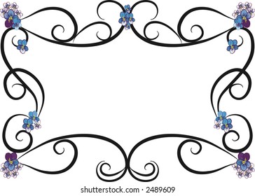 Illustration of purple pansies in a frame design element contains no gradients.