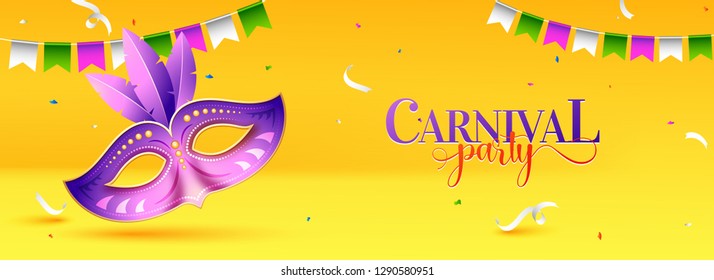 Illustration of purple party mask on yellow background, Carnival party header or banner design.