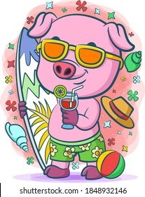 The illustration of the purple pig doing vacation in the beach for surfing