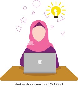 Illustration: Purple and pink hijab girl studying course ideas on a laptop. Flat, colorful, simple, clean design, reflecting an educational setting with a focus on studying and gaining insights.