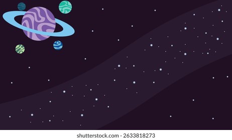 illustration of a purple planet with black rings in dark outer space with purple hues