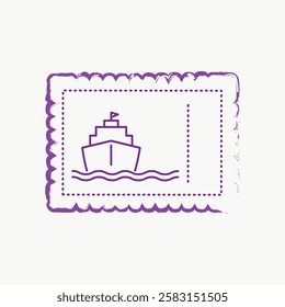 Illustration of a purple postage stamp featuring a ship. The ship is centered, with waves below. The stamp has a scalloped border, enhancing its nautical theme. Travel element vector illustration.