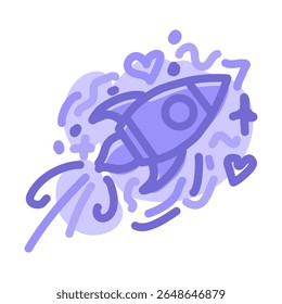 Illustration of a purple rocket and abstract background drawn in doodle style
