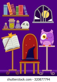 Illustration of a Purple Room Filled with Wizardry Related Items