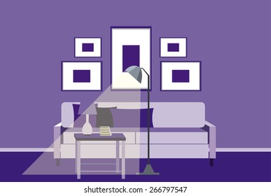 Illustration of a purple room with sofa