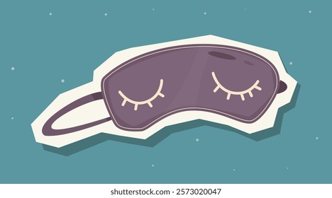 Illustration of a purple sleep mask with closed eyelash designs on a teal background, featuring a simple and minimalistic design. Concept of rest and sleep. Vector illustration