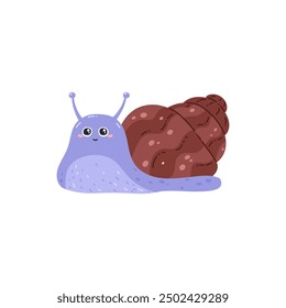 Illustration of a purple snail on a white isolated background. This adorable character is perfect for children's designs, featuring a playful, flat cartoon style.