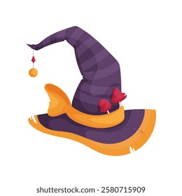 Illustration of a purple striped witch hat featuring a hanging pendant, yellow accents, and red mushroom decorations on a white background. Striped Witch Hat with Pendant and Mushrooms