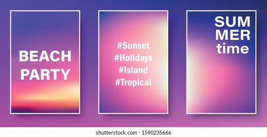 Illustration of purple  sunset and sunrise paper cards with text. Blurred modern gradient mesh background. Vector set.
